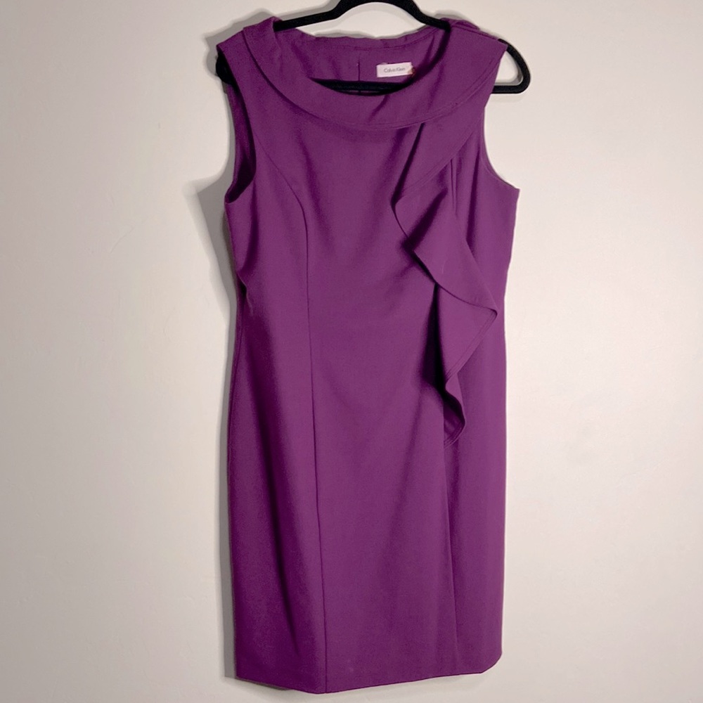 Calvin Klein purple dress with ruffle size 12 sleeveless fits below the knee